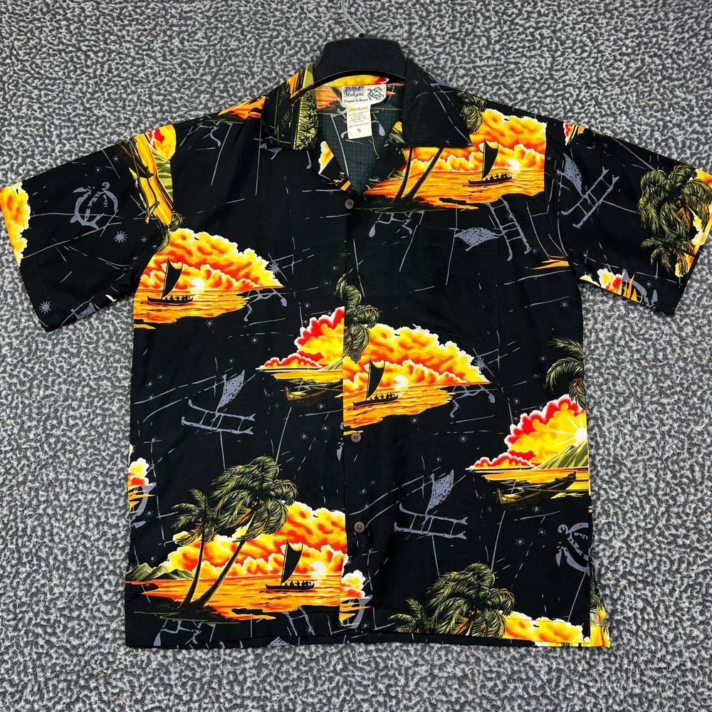 Makani Hawaiian Shirt Mens Small Black Microfiber Sunset Palm Tree Canoe Print